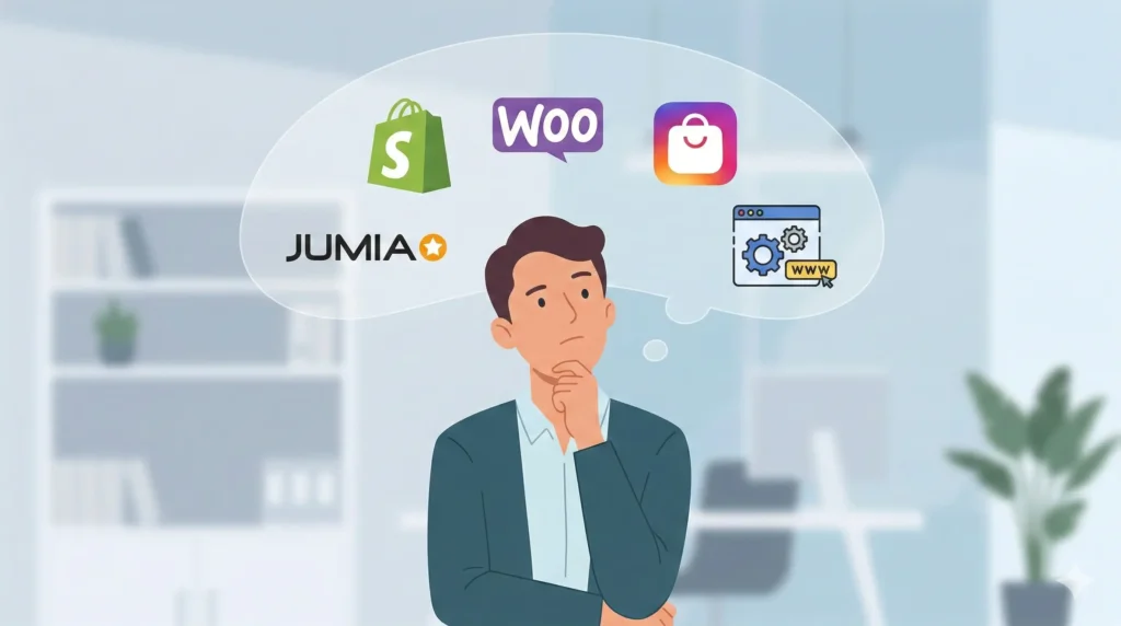 Illustration of a business owner contemplating the best e-commerce platform for SEO, with Shopify, WooCommerce, Jumia, and Instagram icons overhead.