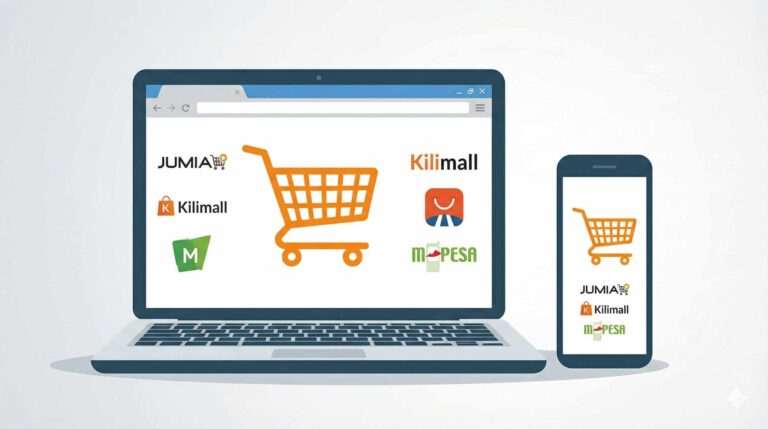 Illustration of e-commerce platforms in Kenya, showing shopping carts and logos of Jumia, Kilimall, Masoko, and Mpesa on a laptop and a smartphone,