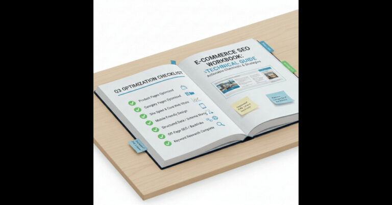 E-commerce SEO workbook and checklist highlighting completed optimizations such as product page SEO, category pages, site speed, mobile optimization, and structured data.