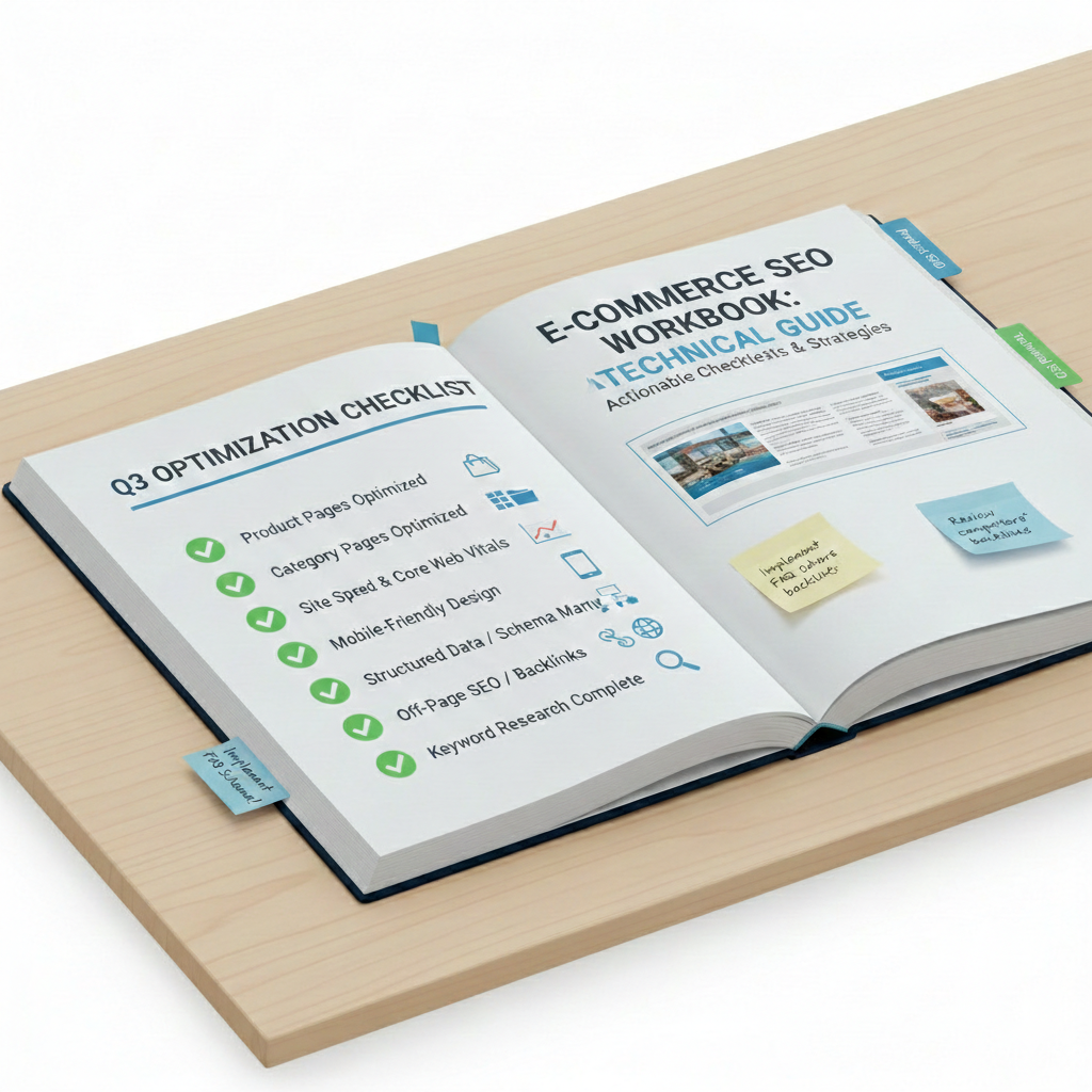 E-commerce SEO workbook and checklist highlighting completed optimisations such as product page SEO, category pages, site speed, mobile optimisation, and structured data.