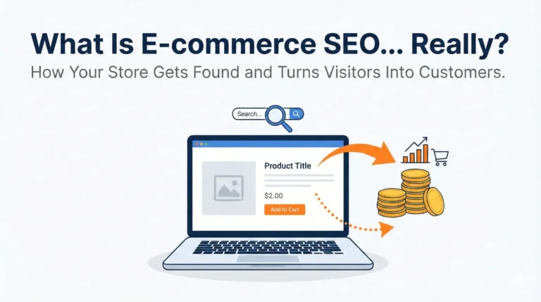 Laptop product page with arrows flowing to coins, showing how ecommerce SEO turns search traffic into revenue.
