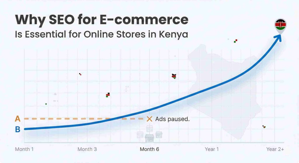 Graph showing flat ads stopping at month 6 vs. a compounding blue SEO curve rising over a 2-year timeline for Kenyan e-commerce stores.