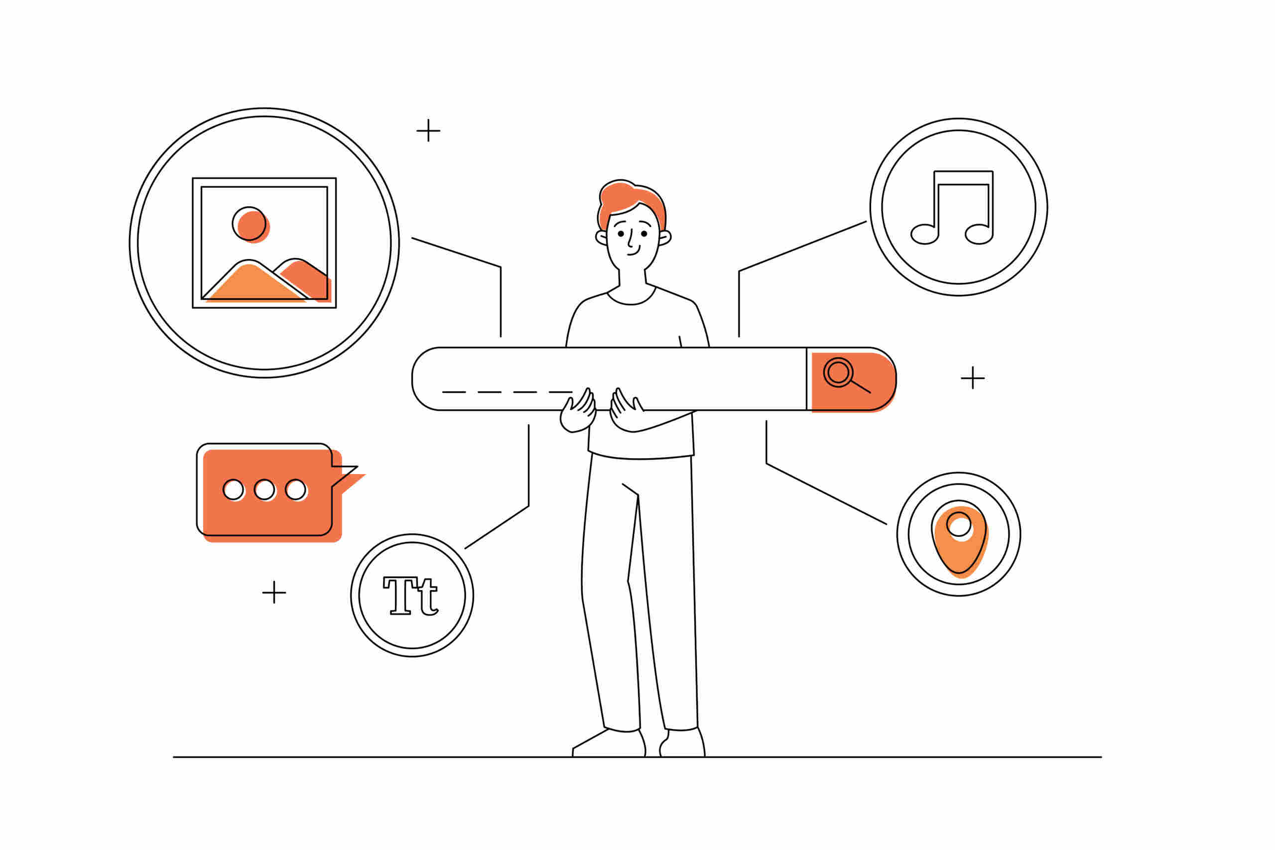 Line-art of a man holding a search bar surrounded by icons for photos, music, chat, and location, representing an internet search.