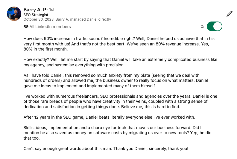 LinkedIn Testimonial from Barry
