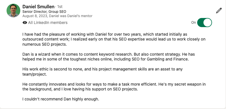 LinkedIn Testimonial from Daniel